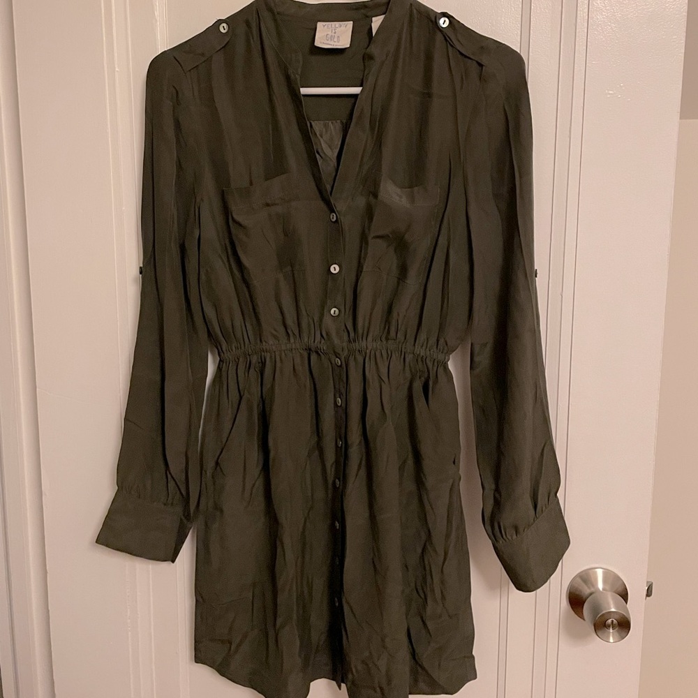 Silk/mother of pearl button down dress in olive green